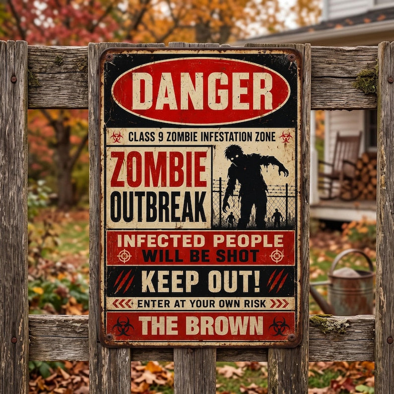 Vintage Halloween Zombie Outbreak Metal Sign, Retro No Entry Zombie Warning Tin Sign, Personalized Family Name Wall Decor, Spooky Porch & Garage Art (Copy)