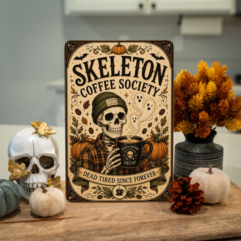 ☕💀 Skeleton Coffee Society Metal Sign, Dead Tired Forever, Halloween Coffee Decor, Spooky Skeleton Wall Sign