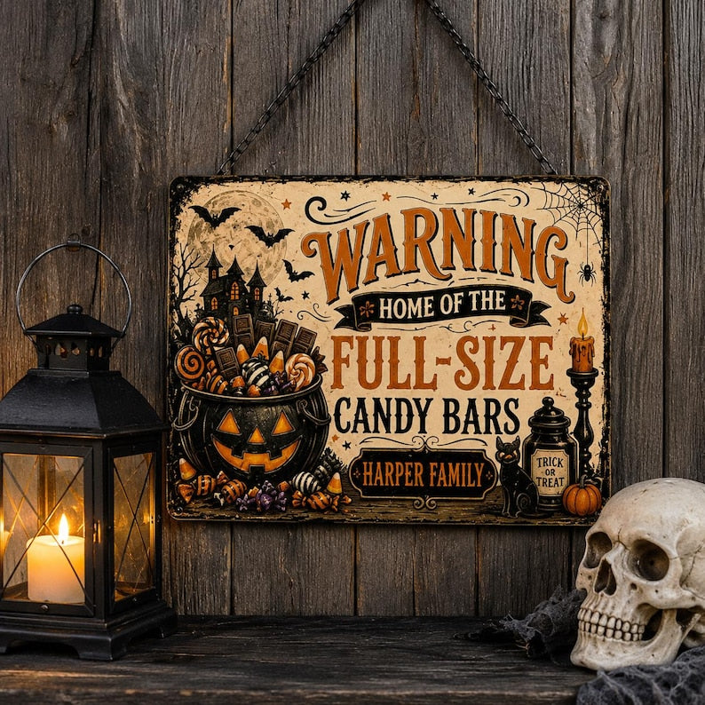 Personalized Halloween Metal Sign, Custom Trick or Treat Porch Sign, Halloween Candy Bar Decor, Personalized Garden Yard Wall Sign, Spooky Outdoor Halloween Decoration