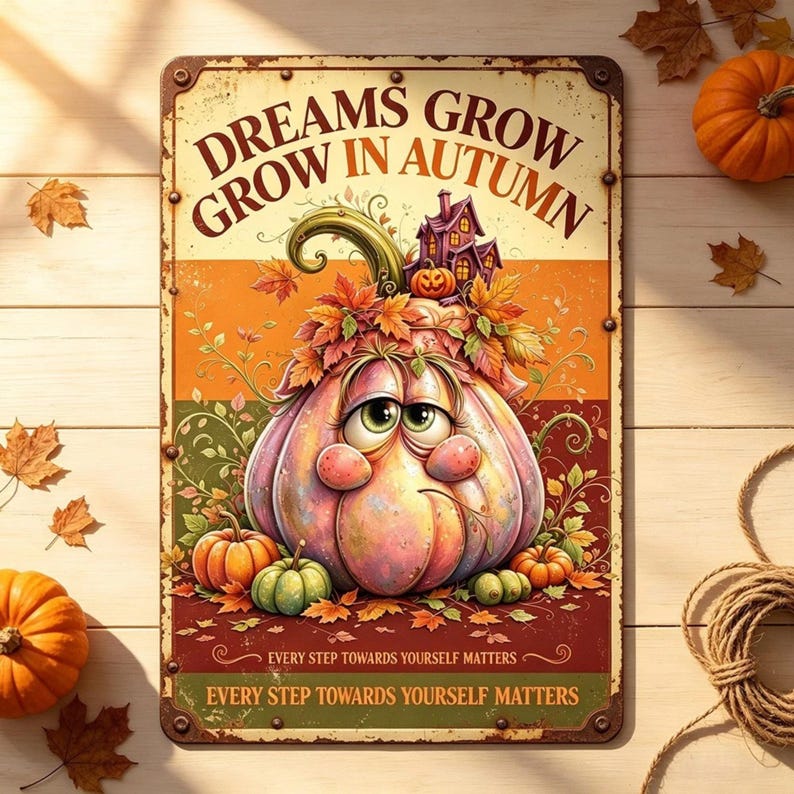 Vintage Halloween Pumpkin Metal Sign, Rustic Fall Wall Decor, Cozy Farmhouse Pumpkin Plaque, Autumn Home Decoration, Spooky Season Tin Sign