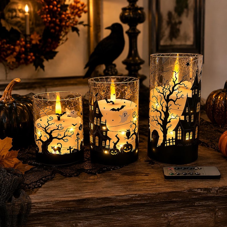 Halloween LED Candle Lantern, Flameless Flickering Candle with Remote & Timer, Spooky Haunted House Decor, Pumpkin Witch Ghost Table Light (Copy)