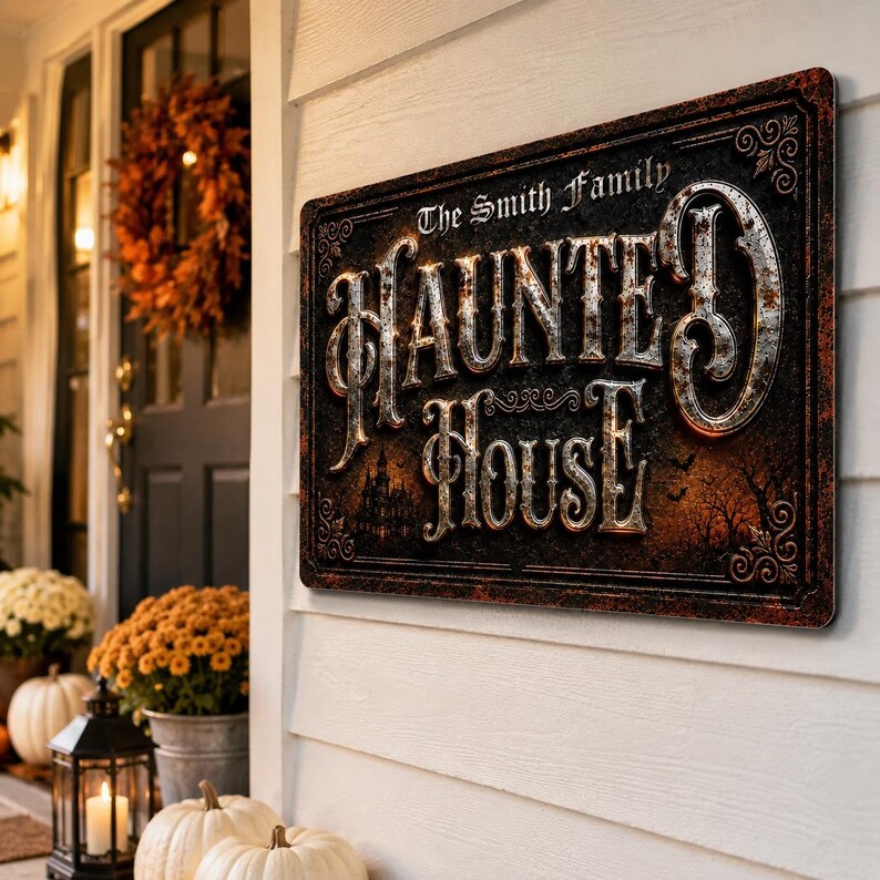 Personalized Haunted House Metal Sign | Custom Family Name Halloween Wall Decor