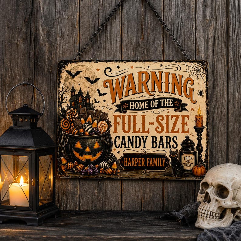 Personalized Halloween Metal Sign, Custom Trick or Treat Candy Bar Sign, Halloween Porch Wall Decor, Personalized Garden Yard Decoration, Spooky Halloween Gift