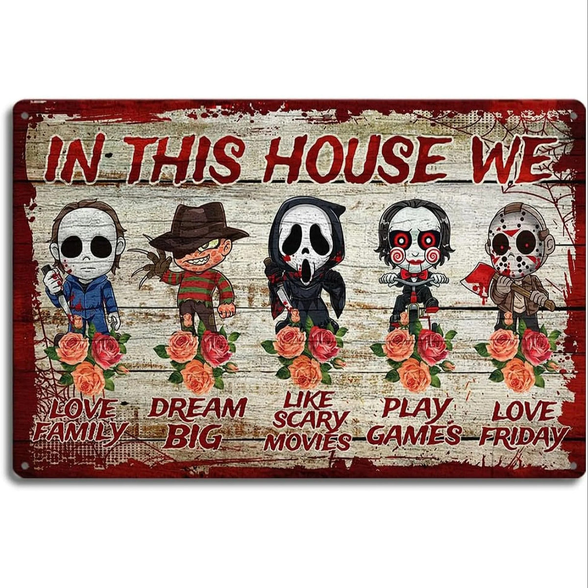 In This House We Halloween Horror Metal Sign, Spooky Family Wall Decor, Gothic Halloween Tin Plaque, Haunted House Decoration, Horror Fan Gift