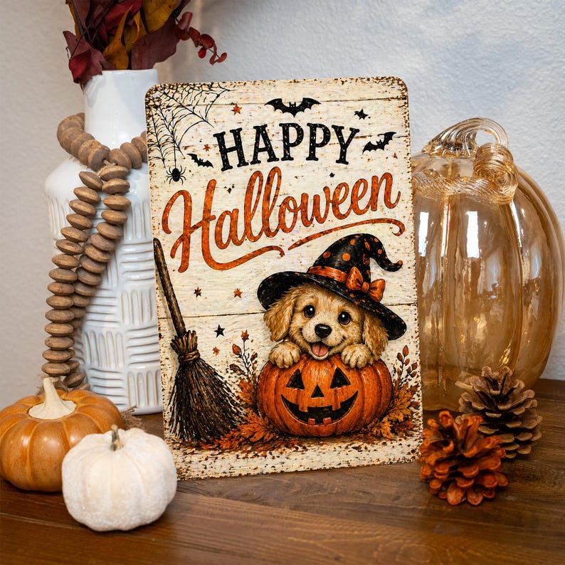 🐶🎃 Happy Halloween Metal Sign, Cute Puppy Halloween Decor, Dog Pumpkin Wall Sign, Spooky Cute Pet Lover Decor