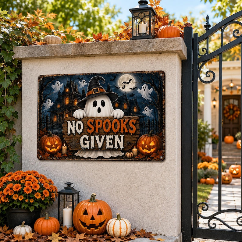No Spooks Given Metal Sign – Funny Halloween Ghost Wall Decor, Vintage Haunted House Plaque, Spooky Fall Home Decor