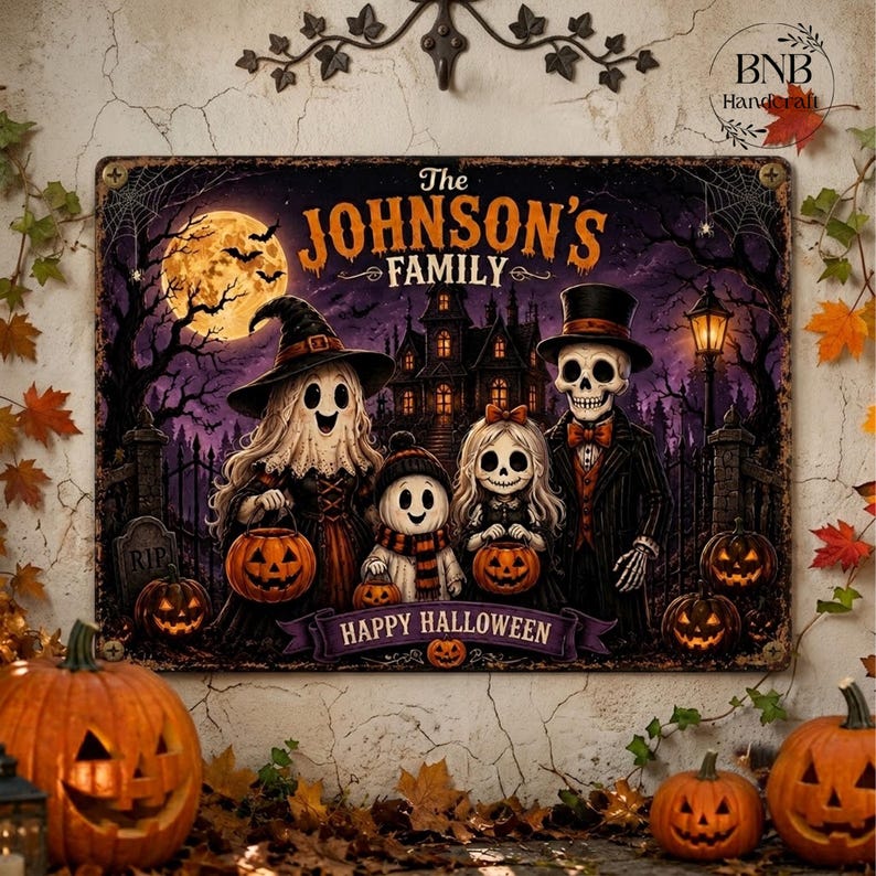 Personalized Halloween Family Metal Sign, Custom Family Name Halloween Decor, Spooky Ghost Skeleton Pumpkin Wall Art, Halloween Porch Sign, Family Gift