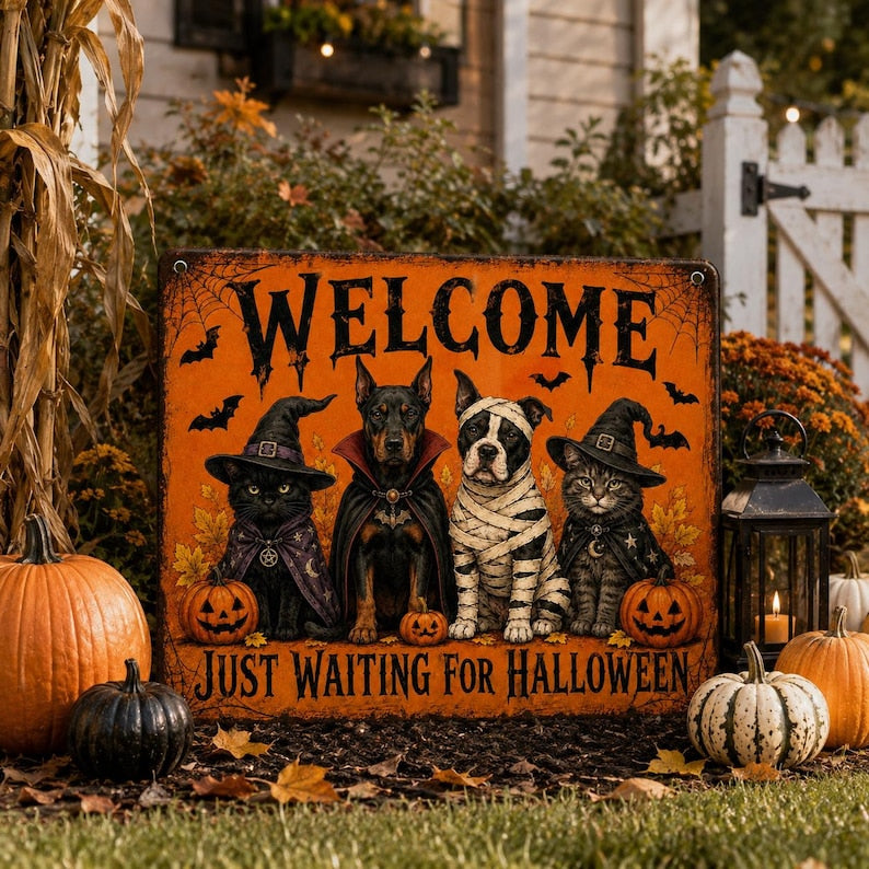 Halloween Pet Welcome Sign, Dog and Cat Halloween Metal Wall Decor, Spooky Farmhouse Porch Sign, Halloween Front Door Decoration, Pet Lover Gift
