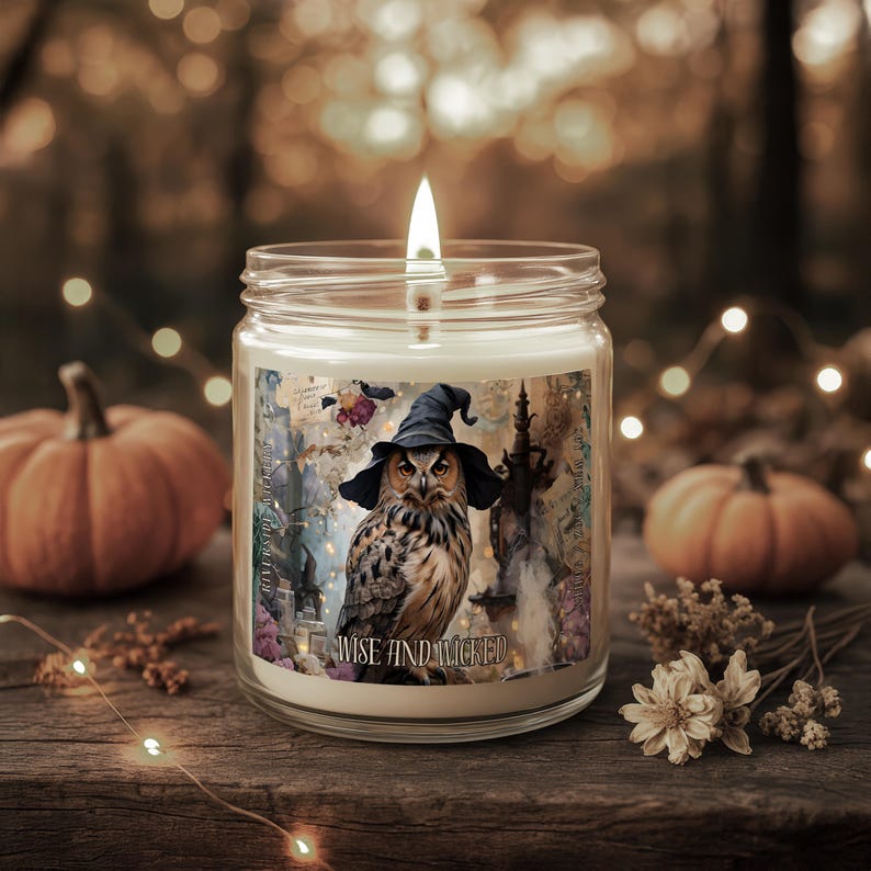 Witchy Owl Halloween Candle, Mystical Owl Glass Jar Candle, Spooky Gothic Fall Decor, Enchanted Witch Gift