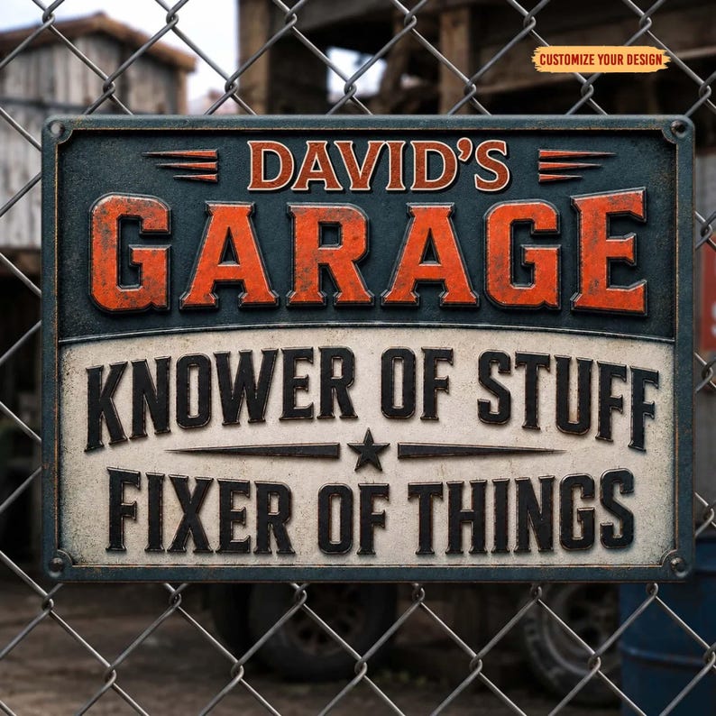 Personalized Knower of Stuff Fixer of Things Metal Sign – Custom Name Garage Decor, Funny Workshop Wall Art, Gift for Him