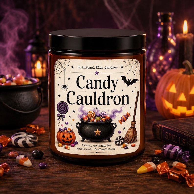 Candy Cauldron Soy Candle, Hand Poured Halloween Candle, 8oz Fall Scented Candle, Spooky Witchy Home Decor, Halloween Gift, Cozy Autumn Decor