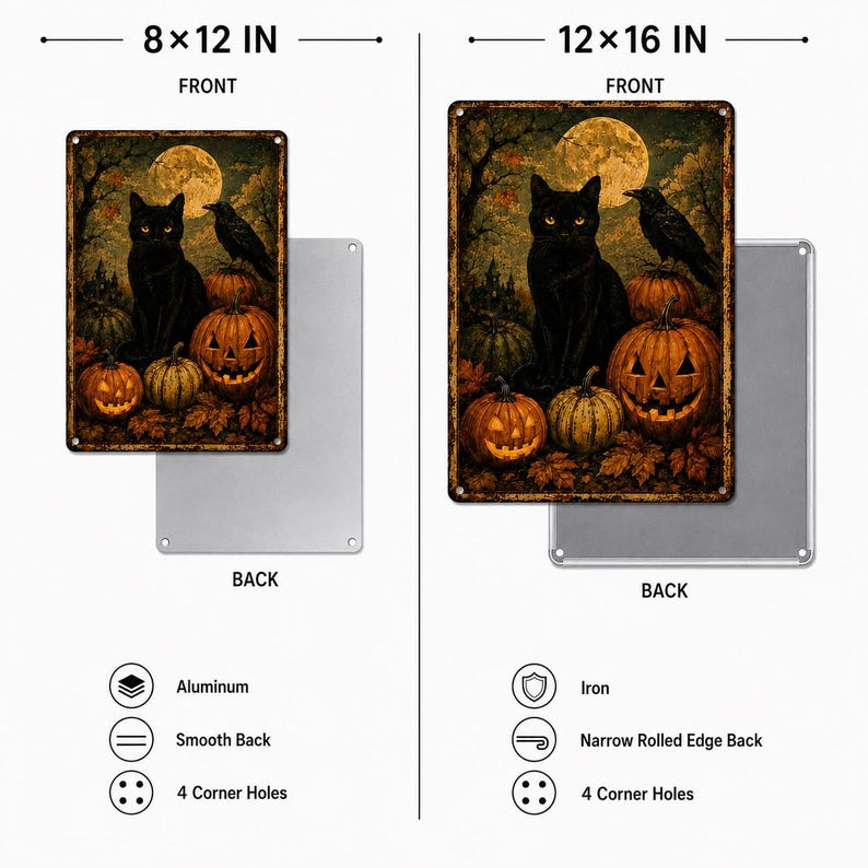 🌙 Moonlit Feline & Crow Metal Plaque, Rustic Autumn Jack O' Lantern Decor, Halloween Cat Wall Sign