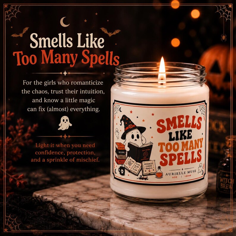 Book Lover Halloween Candle, Smells Like Too Many Spells Candle, Funny Ghost Witch Soy Candle, Cozy Halloween Decor, Witchy Reader Gift (Copy)