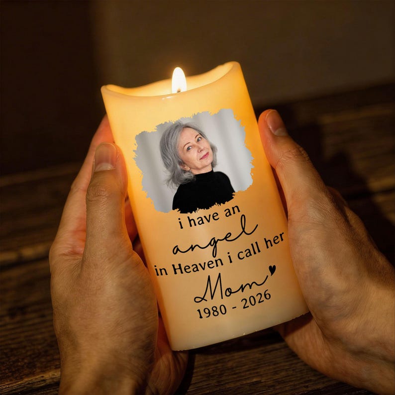Personalized Mom Memorial LED Candle, Custom In Loving Memory Candle for Loss of Mother, Remembrance Photo Candle, Sympathy Gift, Memorial Keepsake
