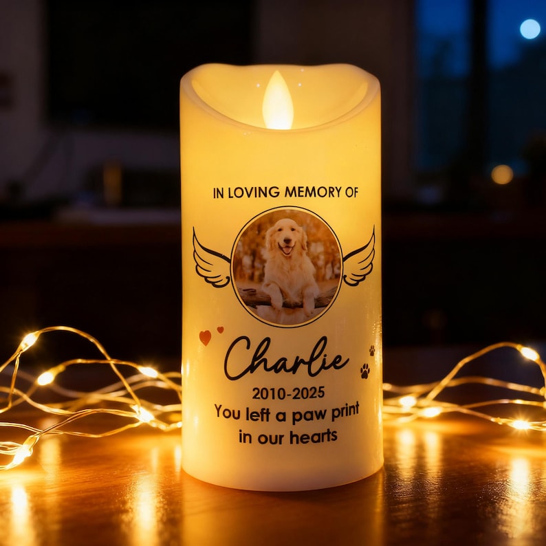 Personalized Pet Memorial LED Candle with Photo, Custom Dog & Cat Remembrance Light, Pet Loss Gift, Pet Sympathy Keepsake, In Loving Memory Decor