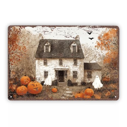 Farmhouse Halloween Metal Sign, Halloween Ghost Wall Decor, Rustic Spooky Home Decoration, Vintage Fall Halloween Sign