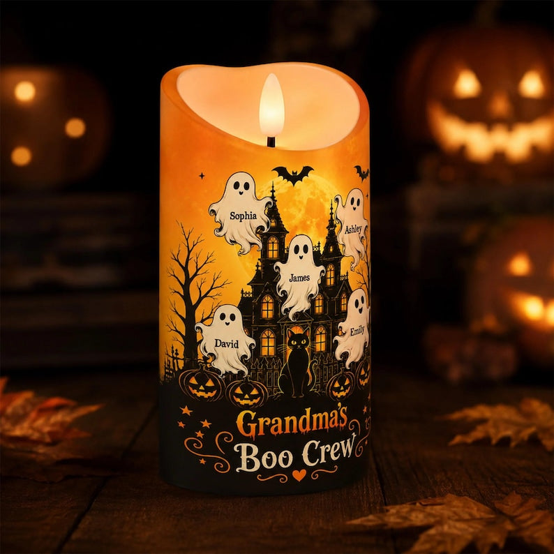Personalized Grandma Boo Crew Halloween LED Candle, Grandkids Name Ghost Flameless Decor Gift