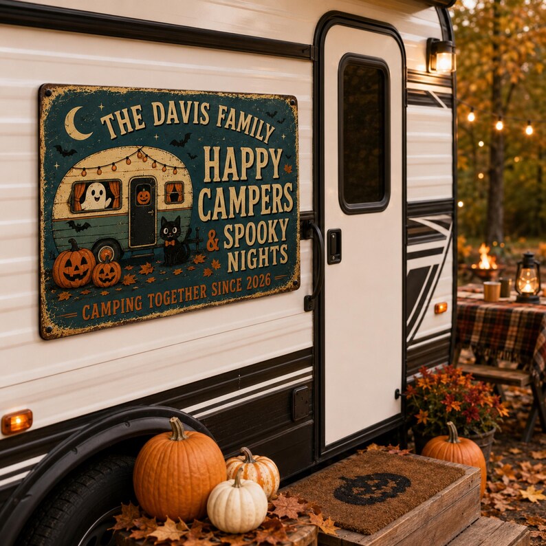 Personalized Halloween Family Metal Sign – Happy Campers Spooky Nights, Custom Family Name Decor, Funny Fall Wall Art