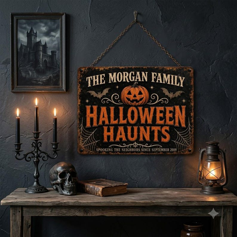 Personalized Halloween Family Name Sign, Custom Spooky Haunts Metal Sign, Halloween Porch Wall Decor, Personalized Outdoor Wall Art, Haunted House Decoration