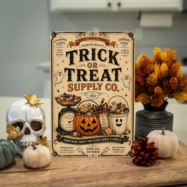 Trick or Treat Supply Co Metal Sign, Vintage Halloween Candy Shop Decor, Cute Pumpkin Ghost Wall Sign, Spooky Porch Decoration, Halloween Gift