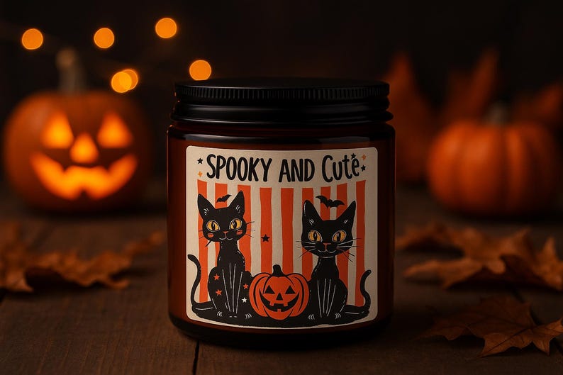 Halloween Home Decor Candle, Vintage Black Cat Fall Candle, Trick or Treat Halloween Candle, Spooky Season Home Decor, Black Cat Lover Gift