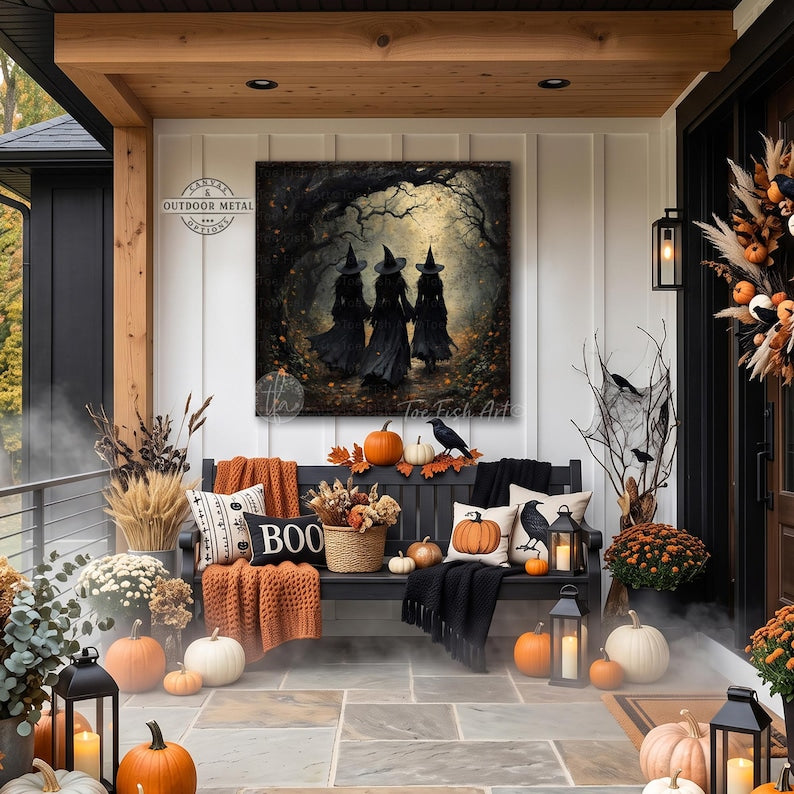 Vintage Witches Halloween Metal Sign – Creepy Forest Decor, Rustic Farmhouse Fall Wall Art, Spooky Autumn Plaque