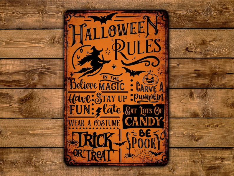 Halloween Rules Metal Sign, Vintage Pumpkin Trick or Treat Wall Decor, Spooky Candy Costume Sign, Rustic Retro Halloween Home Decoration