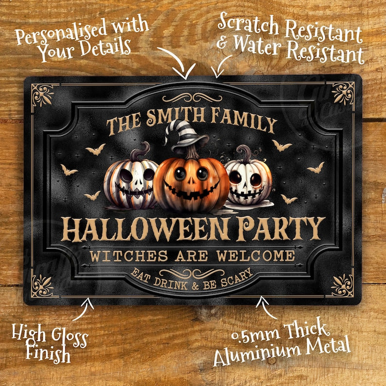 Personalized Halloween Party Metal Sign – Custom Family Pumpkin Wall & Door Decor, Vintage Retro Tin Plaque, Spooky Party Sign