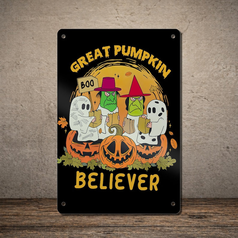 Great Pumpkin Believer Metal Sign, Retro Halloween Wall Decor, Vintage Trick or Treat Sign, Ghost Witch Jack O Lantern Halloween Decoration