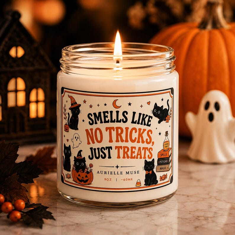 Cat Halloween Candle, No Tricks Just Treats Black Cat Candle, Candy Corn Halloween Decor, Spooky Cat Lover Gift, Trick or Treat Fall Candle