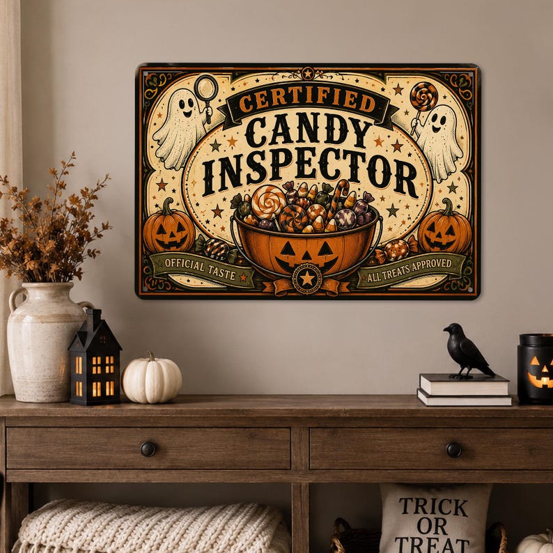 Certified Candy Inspector Metal Sign – Funny Halloween Trick or Treat Decor, Spooky Candy Wall Plaque, Candy Lover Gift