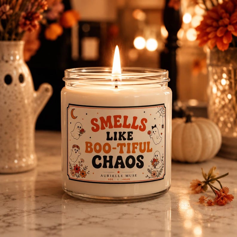 Halloween Smells Like Boo-tiful Candle, Cute Floral Ghost Soy Candle, Orange Halloween Decor, Cottagecore Fall Candle, Punny Halloween Gift