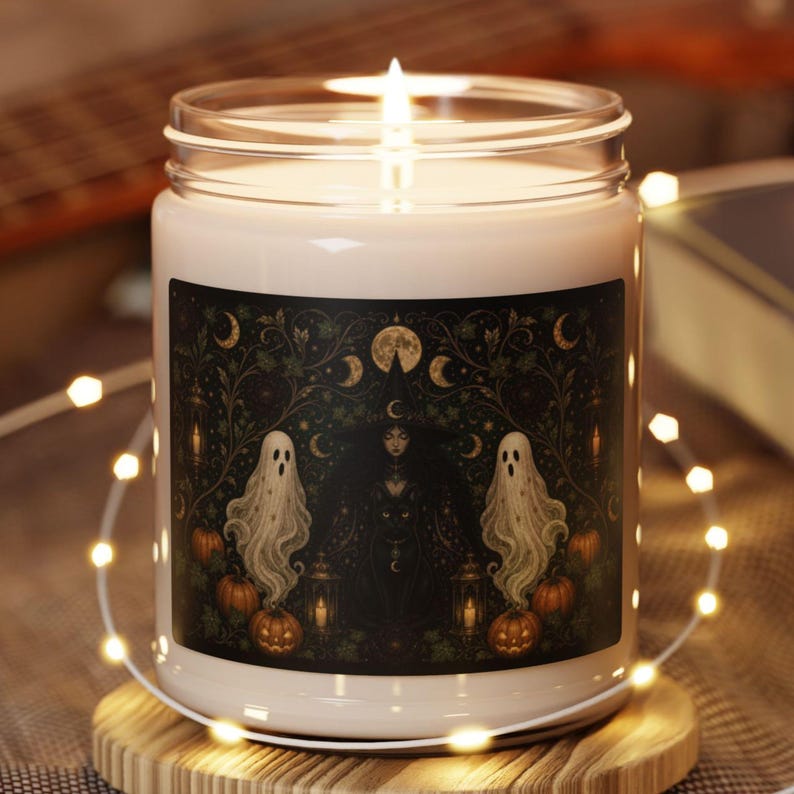 Witch Ghost Halloween Candle, Spooky Fall Scented Candle, Gothic Black Cat Home Decor, Witchy Halloween Aromatherapy Gift