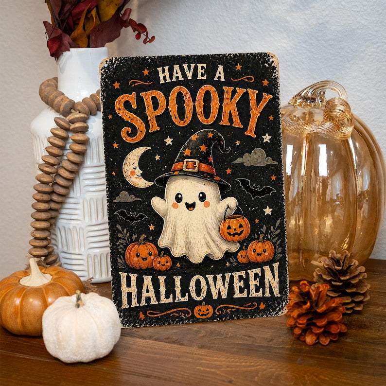 👻 Have A Spooky Halloween Metal Sign, Cute Ghost Wall Art, Trick or Treat Decor, Adorable Halloween Home Sign