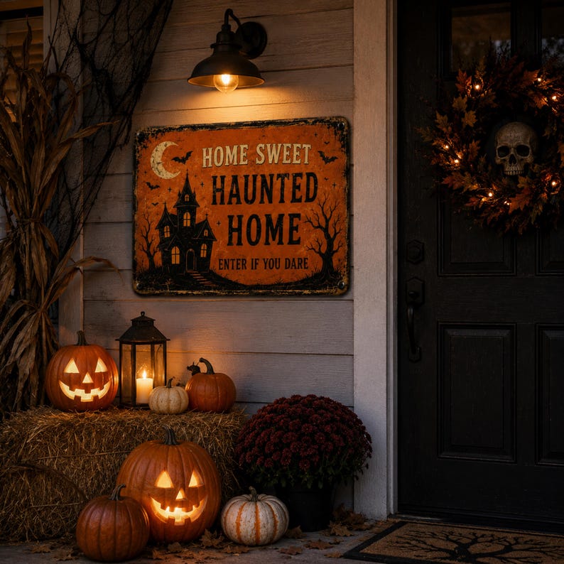 Vintage Halloween Metal Sign – Haunted House Porch Decor, Spooky Wall Plaque, Rustic Fall Home & Outdoor Decoration