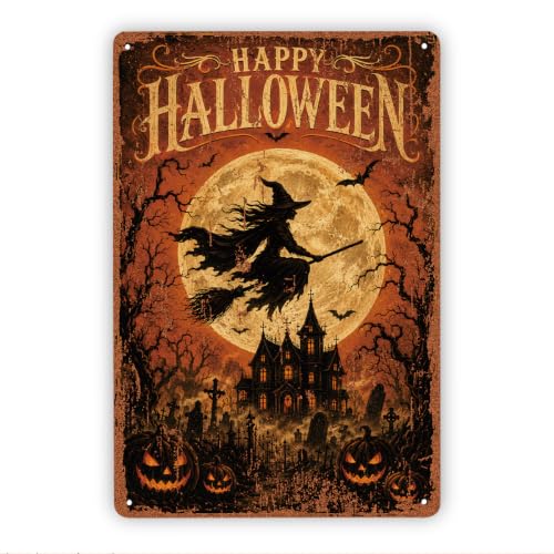 Witchy Metal Sign, Vintage Halloween Wall Decor, Moonlit Night Witch Art, Gothic Spooky Home Decoration, Rustic Halloween Sign
