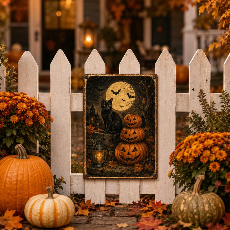 🐈‍⬛🎃 Halloween Black Cat Metal Sign, Pumpkin Moon Wall Decor, Gothic Spooky Porch & Outdoor Halloween Decoration