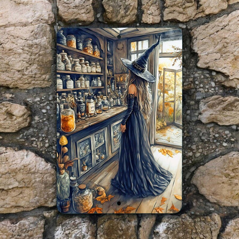 Halloween Witch Apothecary Metal Sign, Rustic Fall Wall Decor, Vintage Witchy Halloween Sign, Spooky Cottagecore Home Decoration