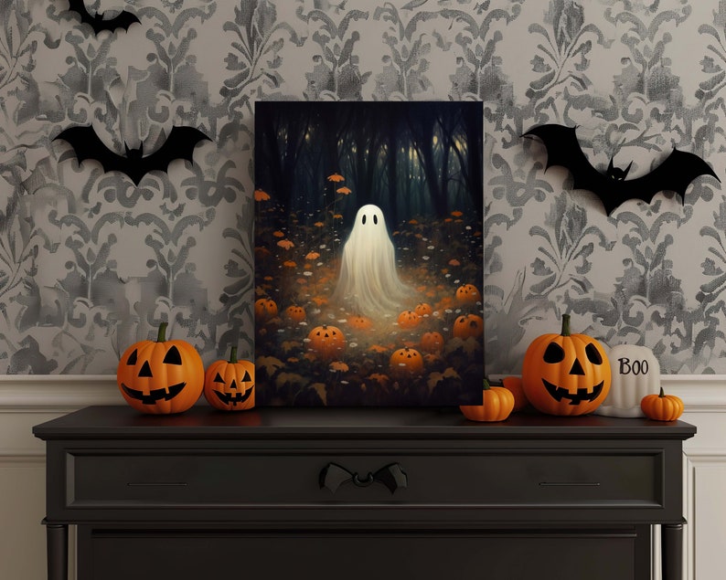 Halloween Ghost Metal Sign, Pumpkin Print Cottagecore Wall Decor, Spooky Fall Farmhouse Sign, Rustic Halloween Home Decoration