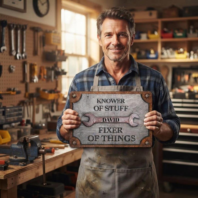 Personalized Knower of Stuff Fixer of Things Metal Sign – Custom Garage Decor, Handyman Workshop Sign, Dad Gift for Him