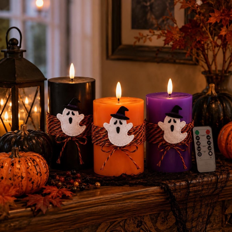 Halloween LED Candle , Ghost Flameless Candles with Remote, Black Orange Purple Paraffin Wax Pillar Candles, Spooky Decor