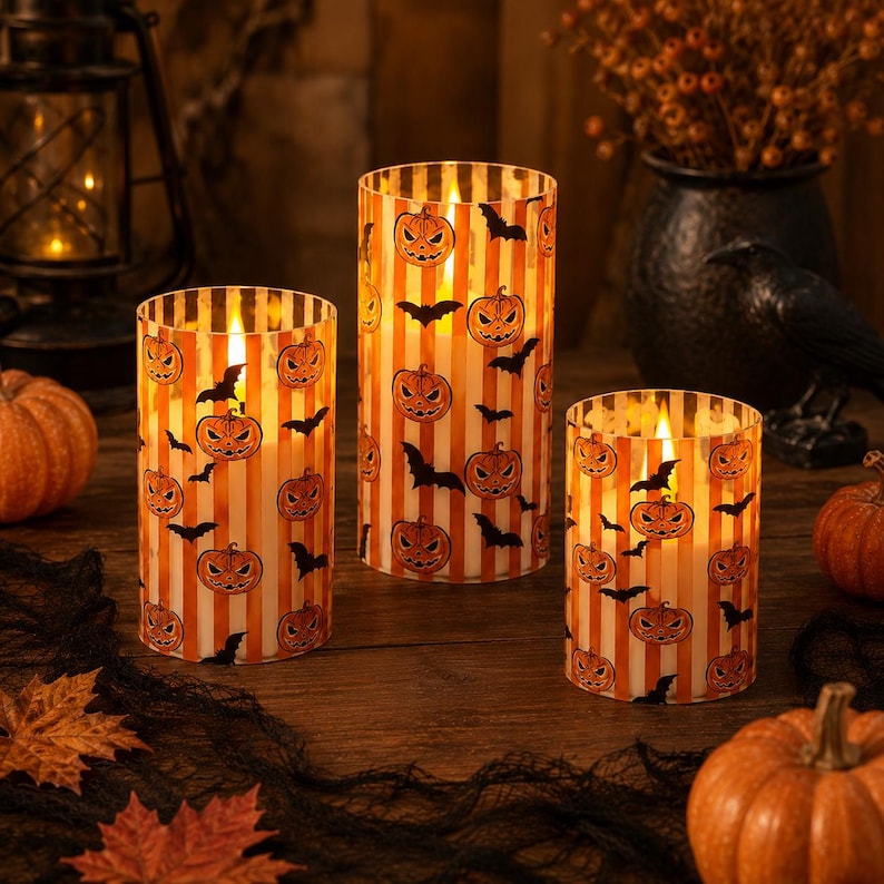 Halloween LED Pillar Candle, Flameless Pumpkin & Bat Candle, Vintage Orange Spooky Table Decor, Fall Home Decoration
