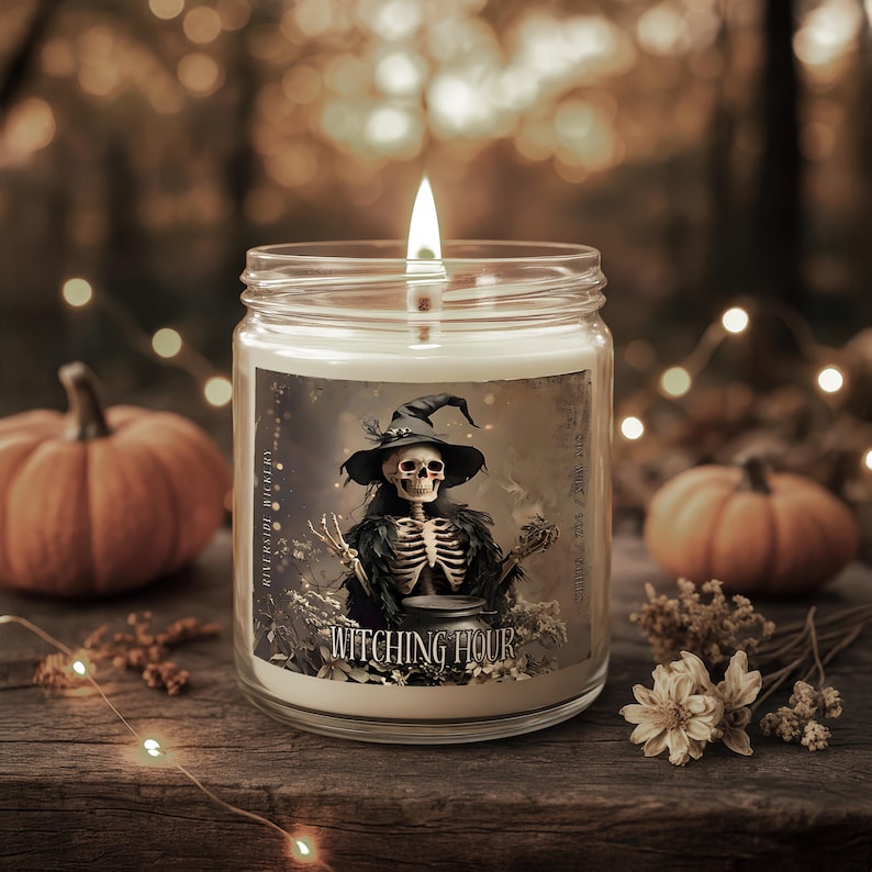 Witching Hour Skeleton Candle, Skeleton Witch Halloween Candle, Gothic Soy Wax Glass Jar Candle, Dark Academia Home Decor