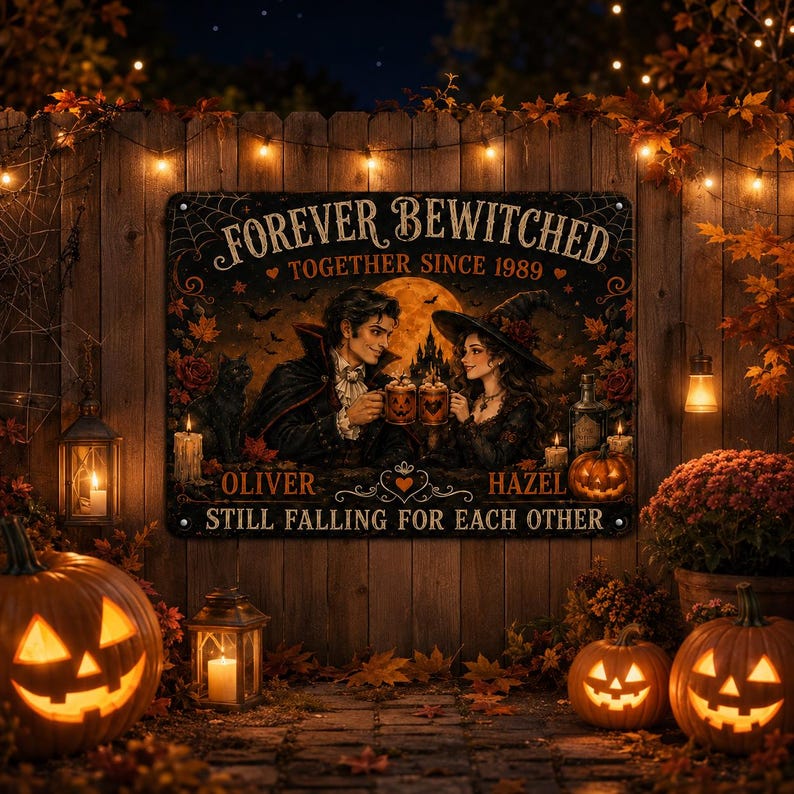 Personalized Halloween Couple Metal Sign – Forever Bewitched Custom Anniversary Gift, Spooky Romantic Wall & Garden Decor