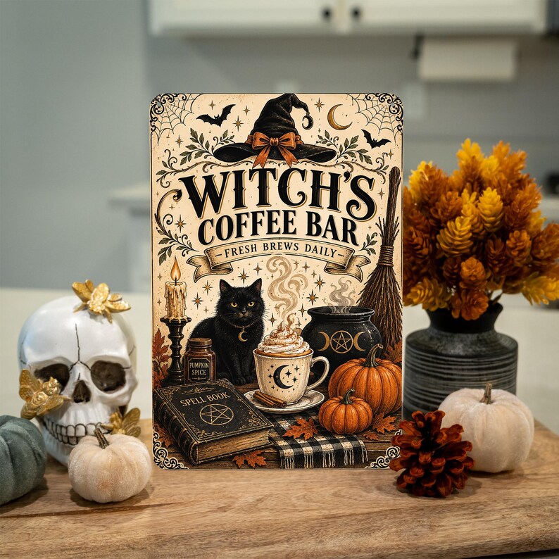 Witch’s Coffee Bar Metal Sign – Fresh Brews Daily, Funny Halloween Coffee Decor, Spooky Witchy Wall Plaque