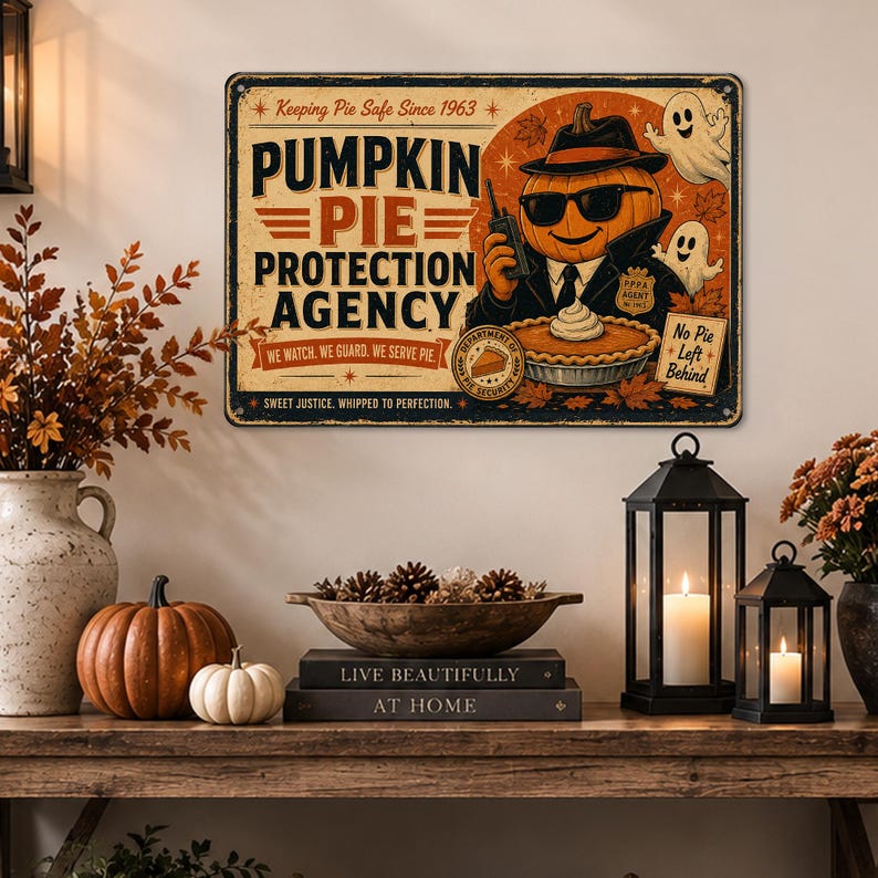 Pumpkin Pie Protection Agency Metal Sign, Funny Halloween Kitchen Decor, Pumpkin Pie Wall Sign, Thanksgiving Fall Home Decor, Retro Pie Lover Gift
