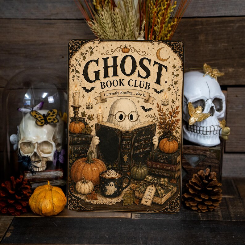 Ghost Book Club Halloween Metal Sign, Cute Ghost Wall Decor, Spooky Book Lover Sign, Halloween Reading Room Decoration