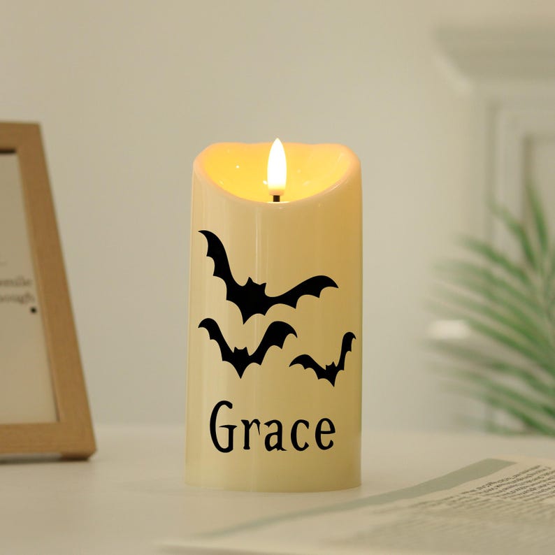 Personalized Halloween LED Candle, Bat and Pumpkin Name Candle, Flameless Spooky Decor,Custom Halloween Gift, Autumn Decor, Party Decoration