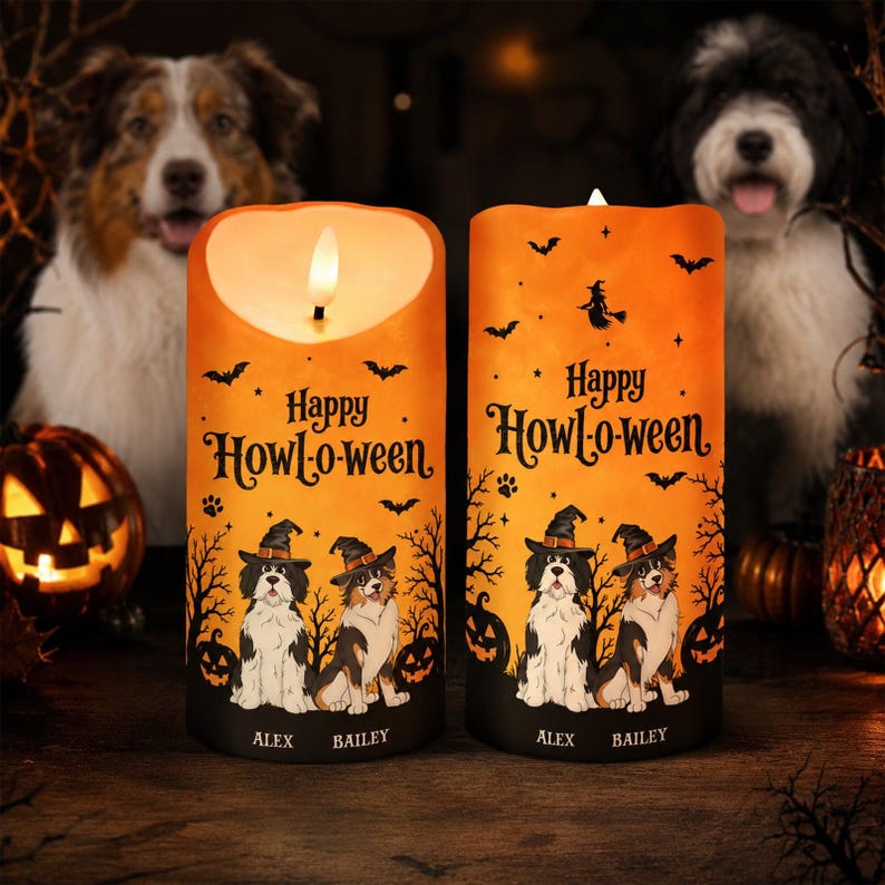 🐶🎃 Custom Happy Howl-o-ween Halloween Dog LED Candle 🕯️👻