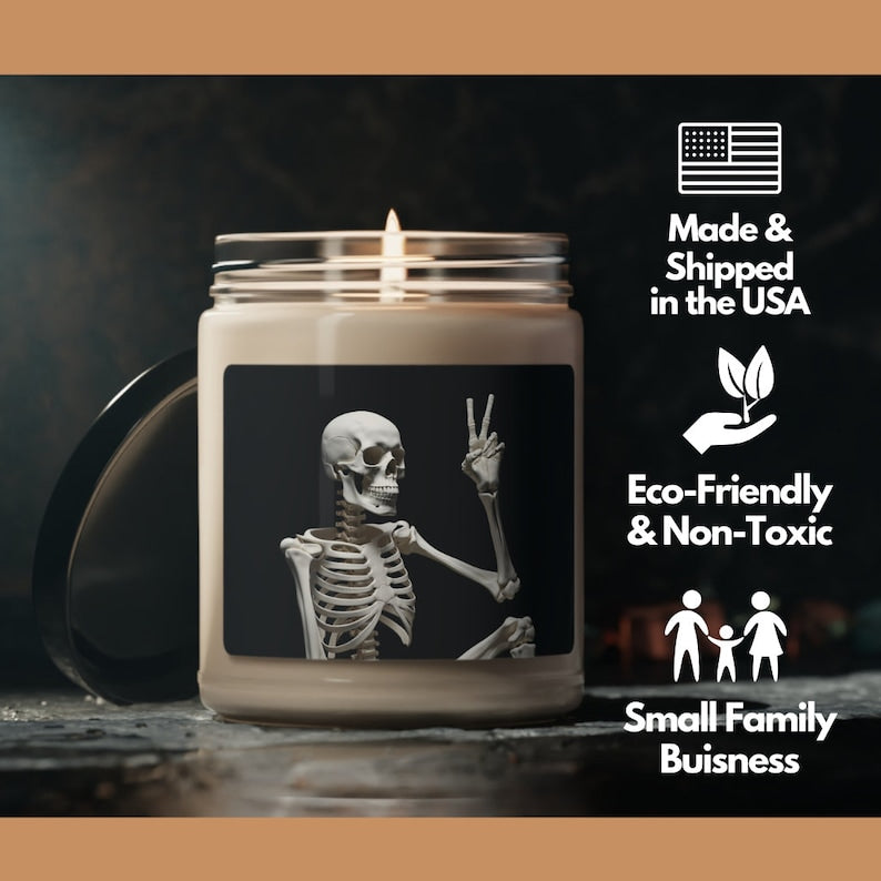 Skeleton Peace Candle | Funny Halloween Scented Soy Wax Candle | Spooky Skeleton Home Decor | Halloween Gift